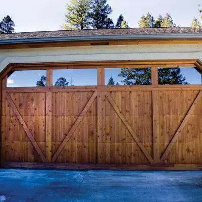 Wood look carriage garage doors