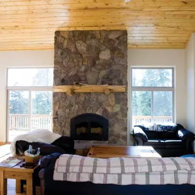 Floor to ceiling rock fireplace